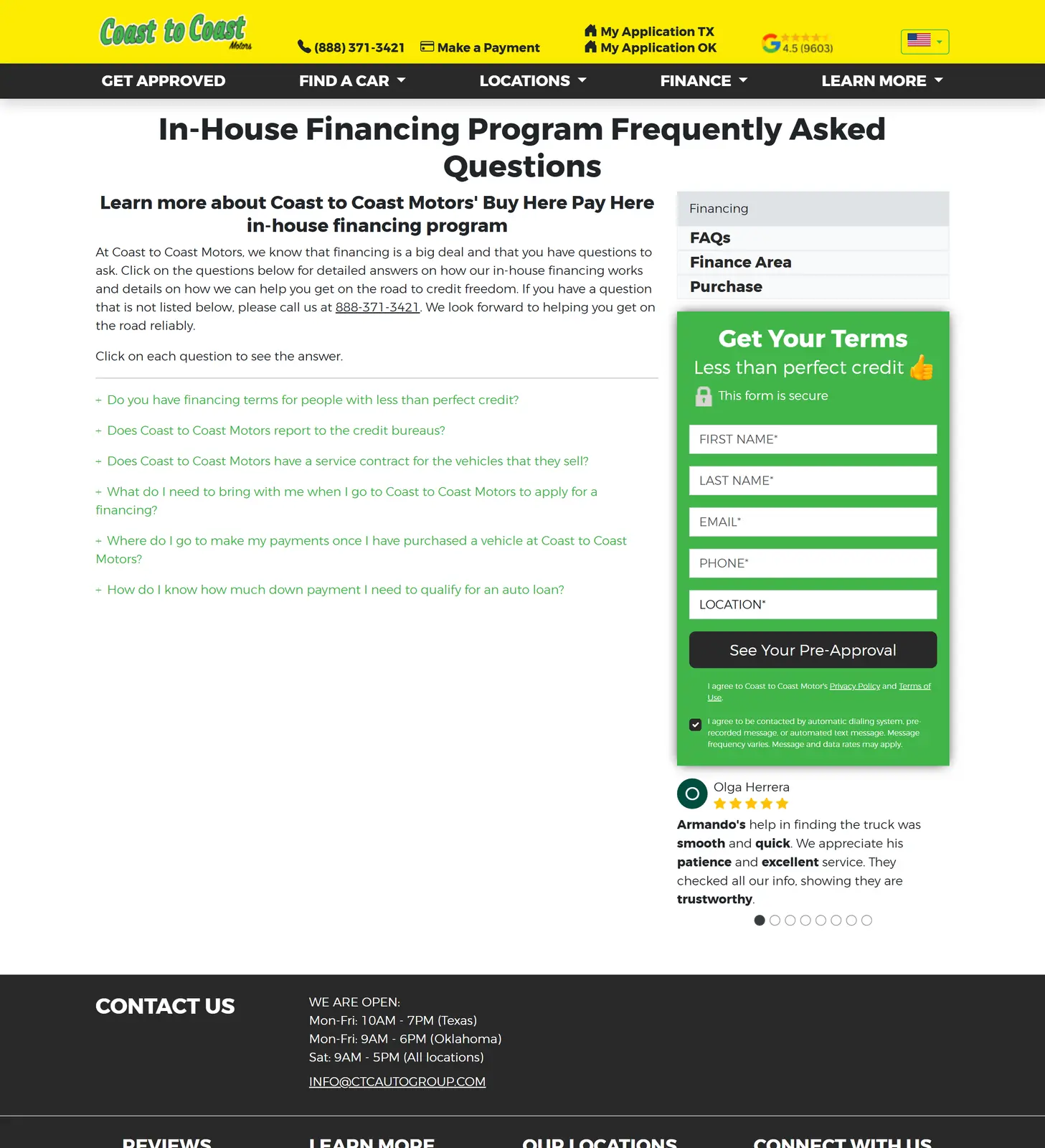 Coast to Coast Motors financing page showing monthly TransUnion payment reporting