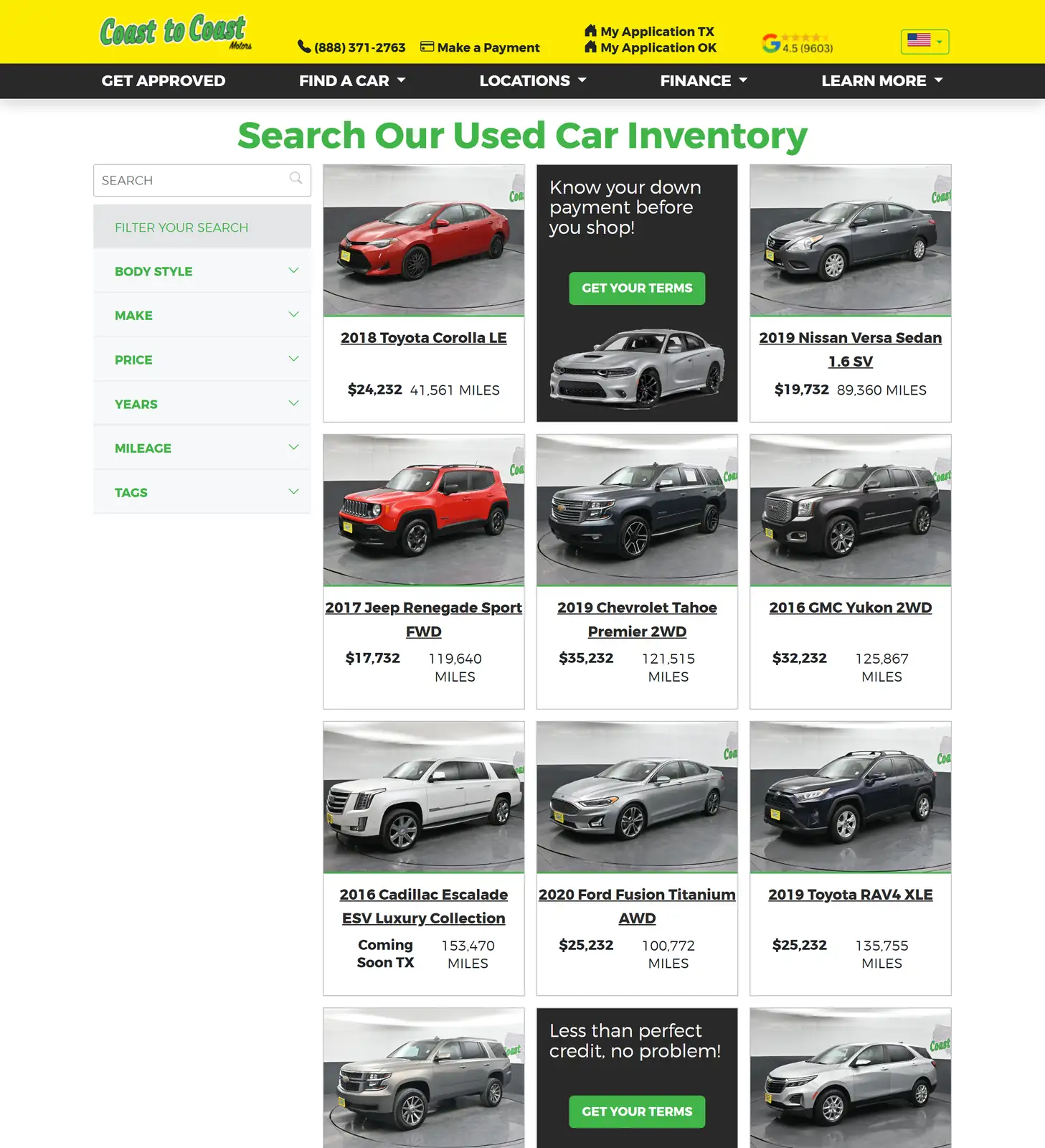Coast to Coast Motors used car inventory with in-house financing in Houston, TX