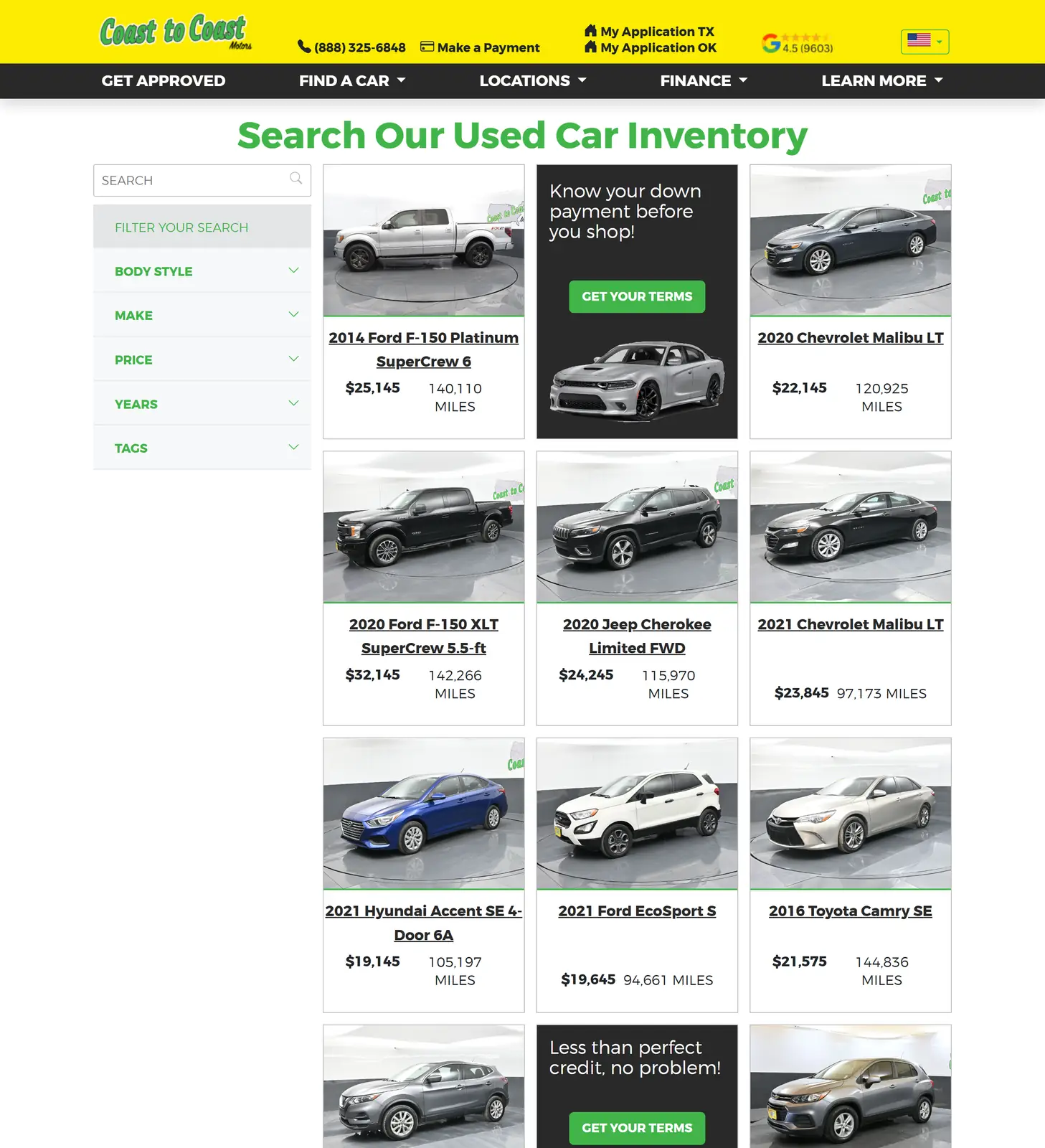 Coast to Coast Motors used car inventory in Oklahoma City and Tulsa, OK