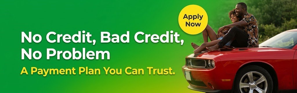 Happy Couple sitting on hood, no credit no problem